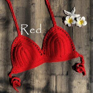 Red Handmade Crochet‎ Bikini Top Bra Halter Tie Swimwear Beach Boho S-XL
